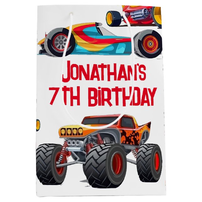 Race Car Monster Truck Cars Racing Birthday Medium Gift Bag (Front)