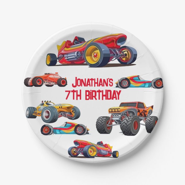 Race Car Monster Truck Cars Racing Birthday Paper Plate (Front)