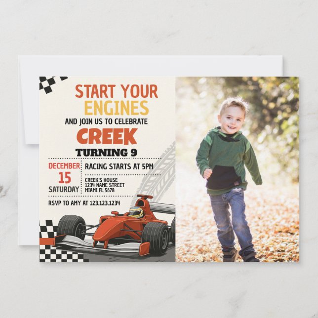 Race Car Party Birthday Invitation with photo (Front)