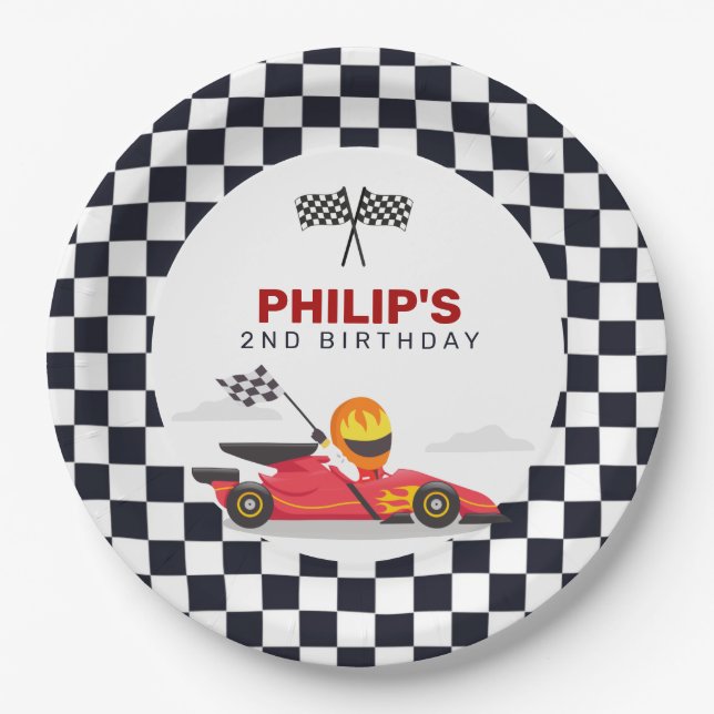 Race Car Race Birthday Party Chequered Paper Plate (Front)