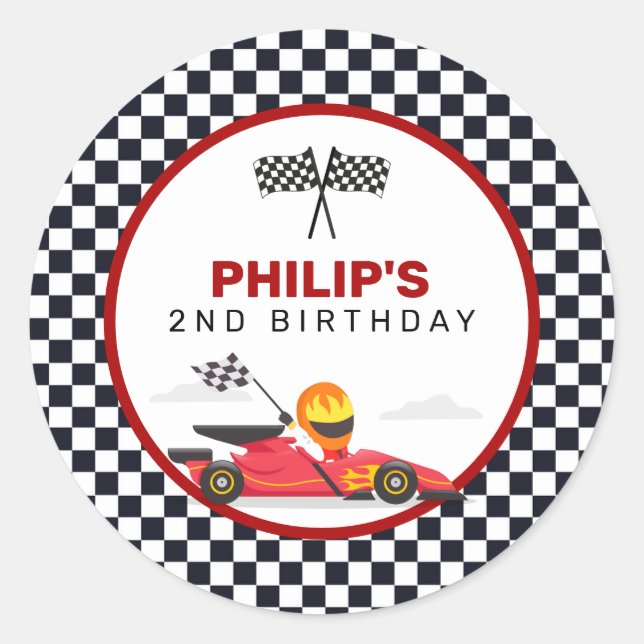 Race Car Racing Two Fast Boy Birthday Party Classic Round Sticker (Front)