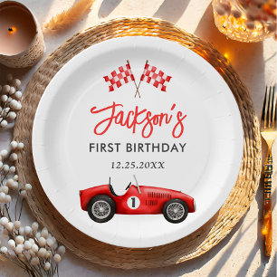 Race Car Red Racing Boy 1st Birthday Paper Plate