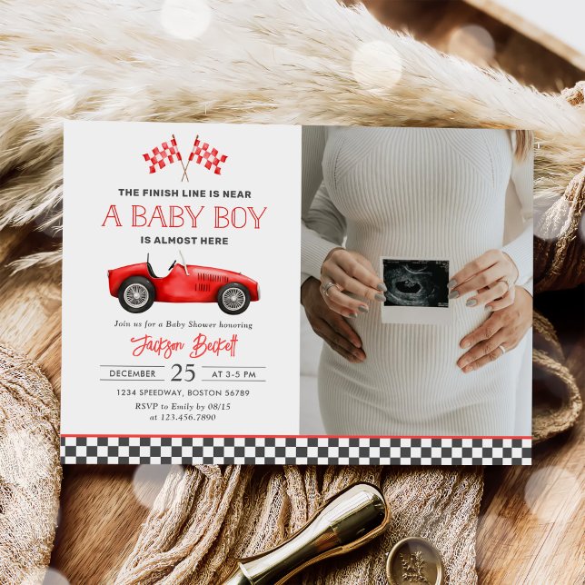 Race Car Red Racing Boy Baby Shower Photo Invitation (Creator Uploaded)
