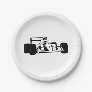 Race Car Silhouette black and white Paper Plate