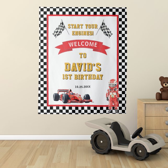 Race Car Start Your Engines 1st Birthday Tapestry (Creator Uploaded)