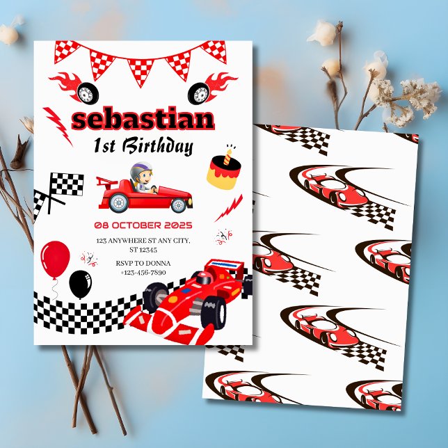 Race Car Themed 1st Birthday Party Invitation (Race Car Themed 1st Birthday Party Invitation
)