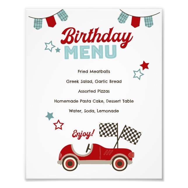 Race Car Themed Menu Photo Print (Front)