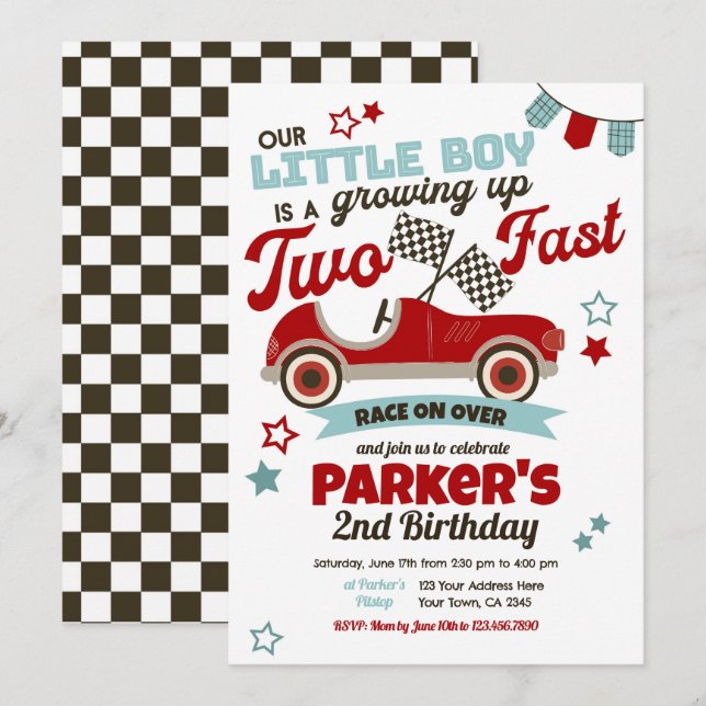 Race Car Themed Party Invitation for 2nd Birthday (Front/Back)