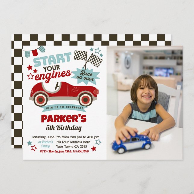 Race Car Themed Party Invitation with Photo (Front/Back)