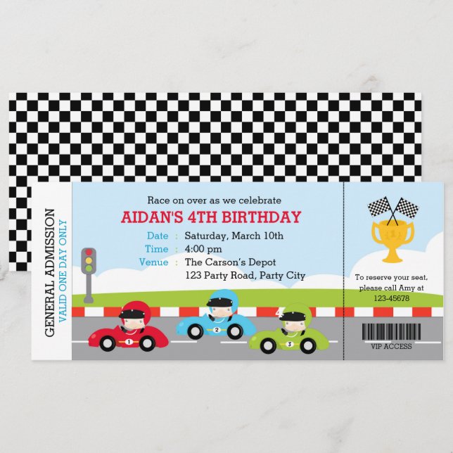 Race Car Ticket Birthday Invitations Boarding Pass (Front/Back)