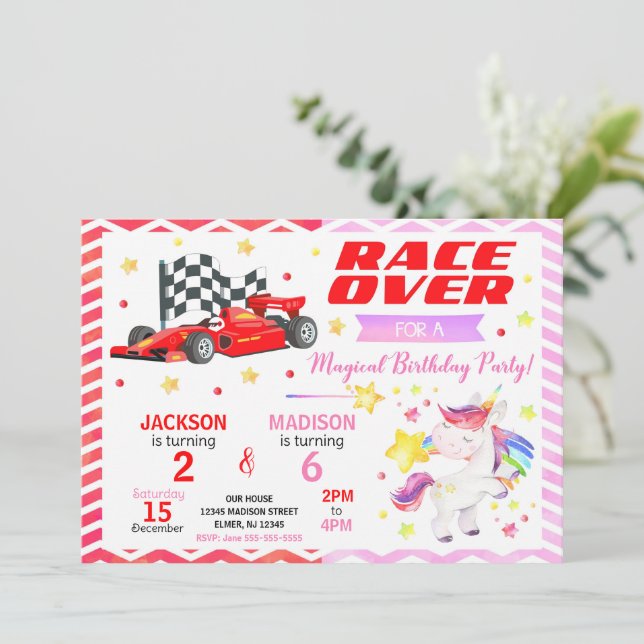 Race Car & Unicorn Joint Birthday Invitation (Standing Front)