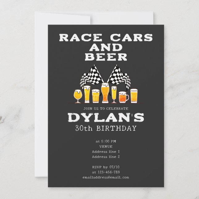 Race Cars and Beer Chequered Flag Raceday Birthday Invitation (Front)