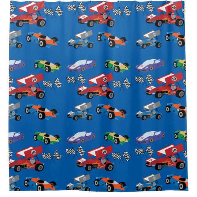 Race Cars and Chequered Flag Shower Curtain (Front)