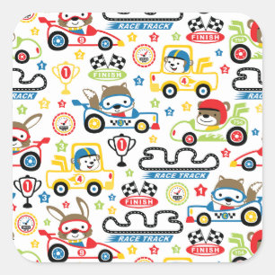 Race Cars & Animal Cartoon Pattern Background Square Sticker