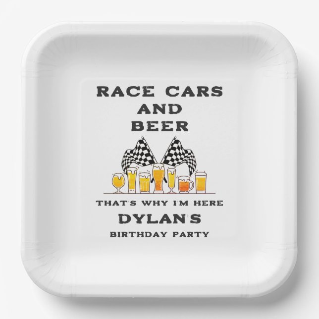 Race Cars & Beer Chequered Flag Raceday Birthday Paper Plate (Front)