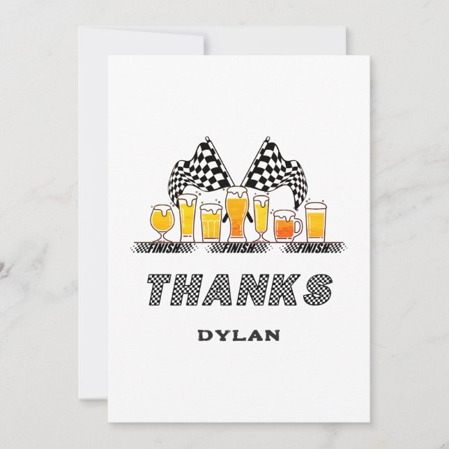 Race Cars & Beer Chequered Flag Raceday Birthday Thank You Card (Front)