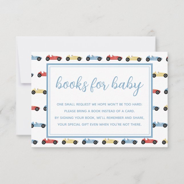 Race Cars Blue Boy Baby Shower Books For Baby Card (Front)