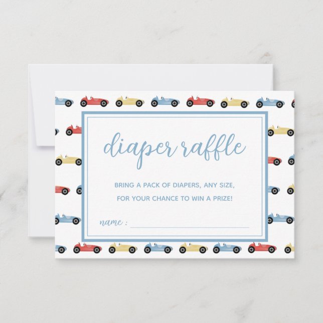 Race Cars Blue Boy Baby Shower Diaper Raffle Card (Front)