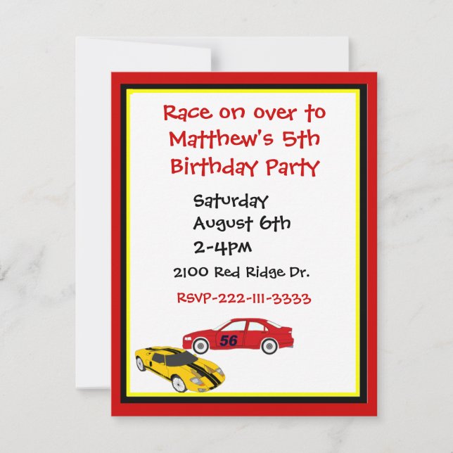 Race Cars Boy's Birthday Invitation (Front)