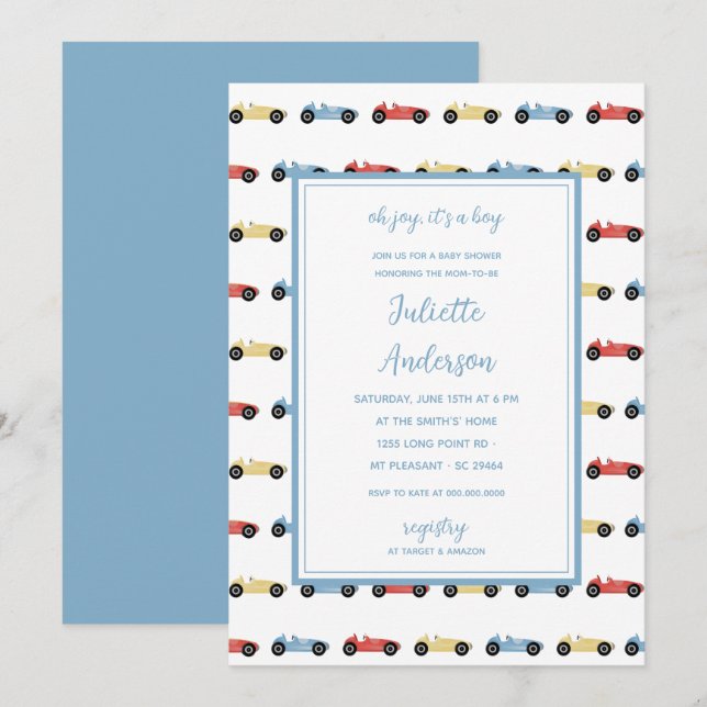 Race Cars Classic Blue Boy Baby Shower Invitation (Front/Back)