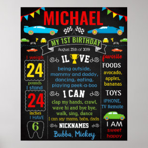 Race Cars First Birthday chalkboard Poster