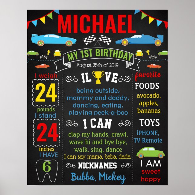 Race Cars First Birthday chalkboard Poster (Front)