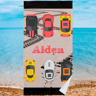 Race Cars with Tire Tread Marks Personalised    Beach Towel