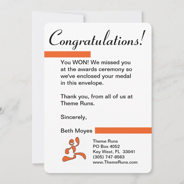 Race Director - Medal Winner Letter Thank You Card (Front)