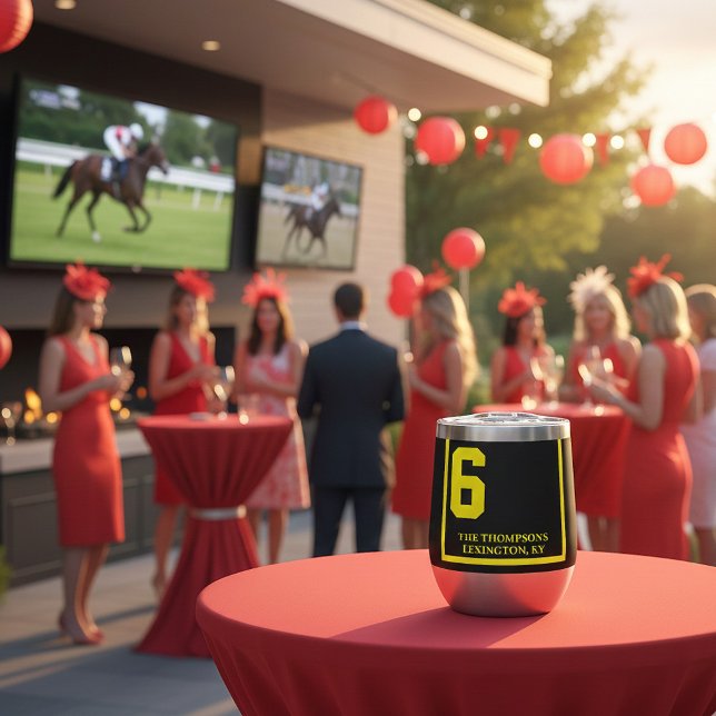 Race Horse 6 Black Personalised Derby  (Personalized horse racing saddle cloth thermal wine tumbler. Printed on both sides)