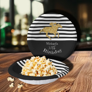 Race Horse Black White Stripes Birthday Paper Plate