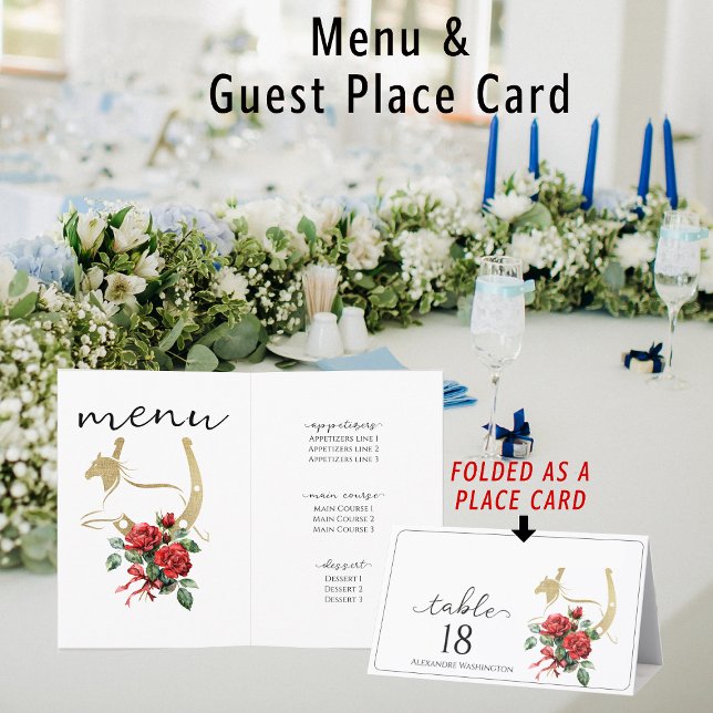 Race Horse Derby Drinks Equestrian Place Card Menu (All in one custom individual guest name place card and menu (foldable))