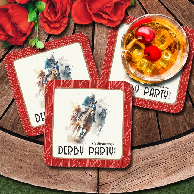 Race Horses Derby Party Red Square Square Paper Coaster (Race Horses Derby Party Red Coasters)