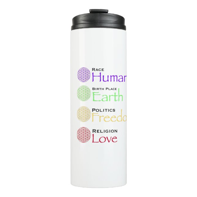 Race: Human Birthplace: Earth Politics: Freedom Re Thermal Tumbler (Front)