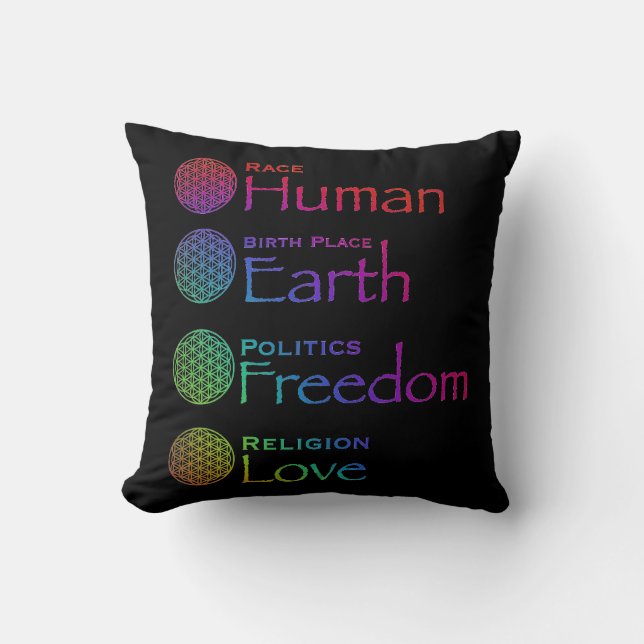 Race: Human Birthplace: Earth Politics: Freedom  T Cushion (Front)