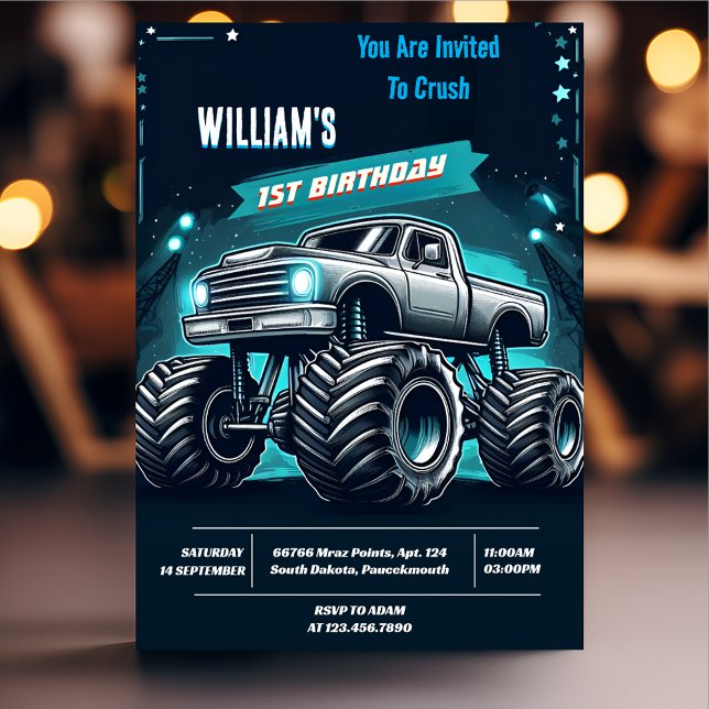 Race Kids Boy Cars Cool Monster Truck 1st Birthday Invitation (Creator Uploaded)