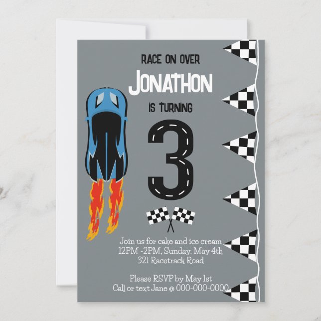 Race On Over 3rd Birthday Racecar Party Invitation (Front)