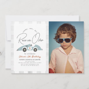 Race on Over Blue Race Car Boy Birthday Photo Invitation