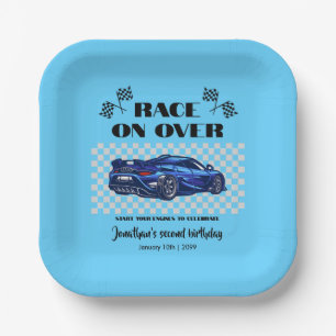 Race on Over Modern Blue Sports Car Any Age Paper Plate