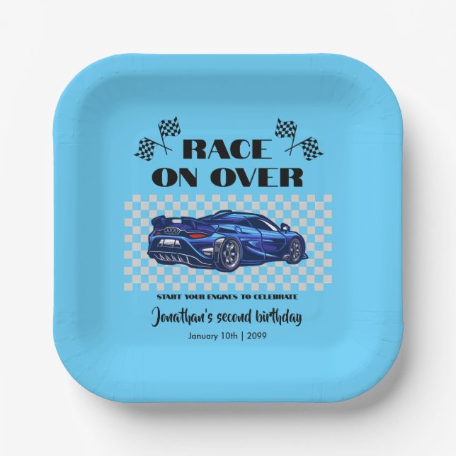 Race on Over Modern Blue Sports Car Any Age Paper Plate (Front)