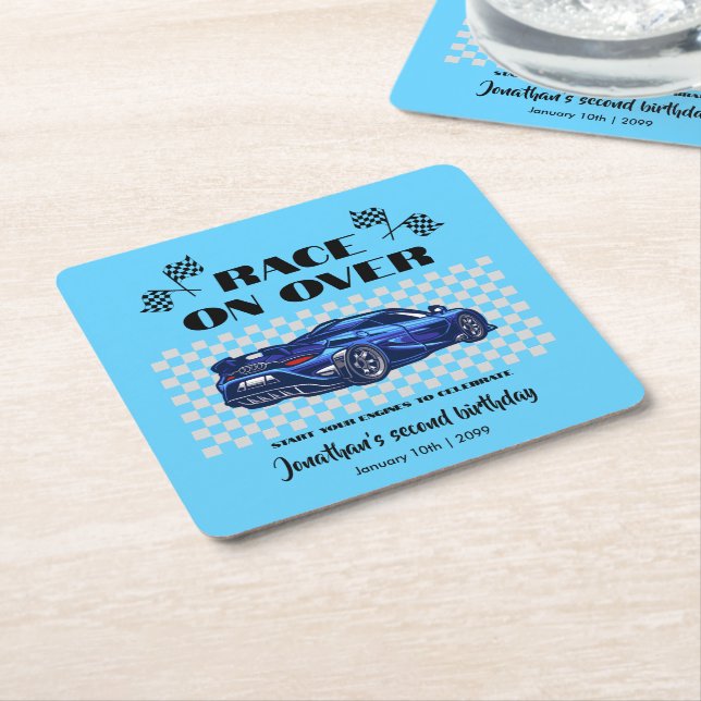 Race on Over Modern Blue Sports Car Any Age Square Paper Coaster (Angled)