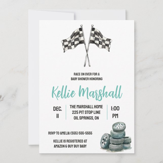 Race on Over, Racing Themed Baby Shower Invitation (Front)