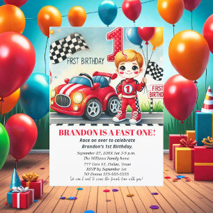 Race On Over Red Car 1st Birthday Boy Kids Invitation