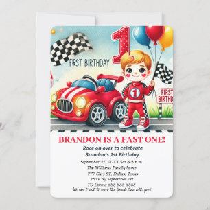 Race On Over Red Car 1st Birthday Boy Kids Invitation