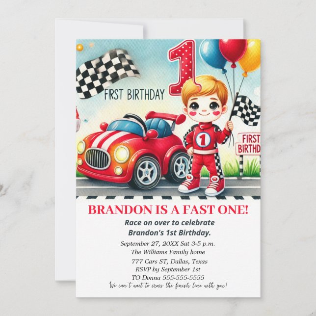 Race On Over Red Car 1st Birthday Boy Kids Invitation (Front)