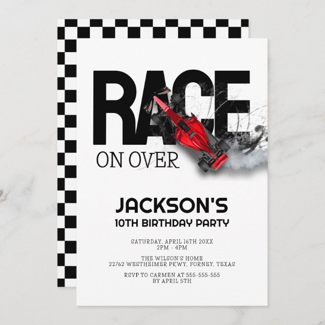 Race On Over Red Race Car Birthday Party Invitation (Front/Back)