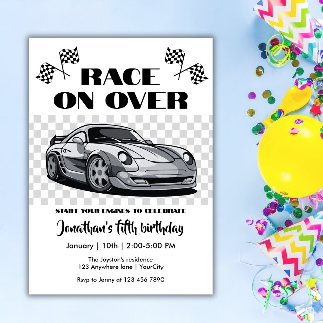 Race on Over Silver Modern Race Car Any Age Invitation (Creator Uploaded)