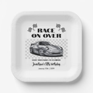 Race on Over Silver Modern Race Car Any Age Paper Plate