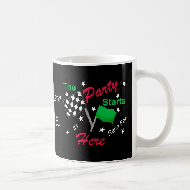 Race Party Starts Name Personalised Chequered Flag Coffee Mug (Right)