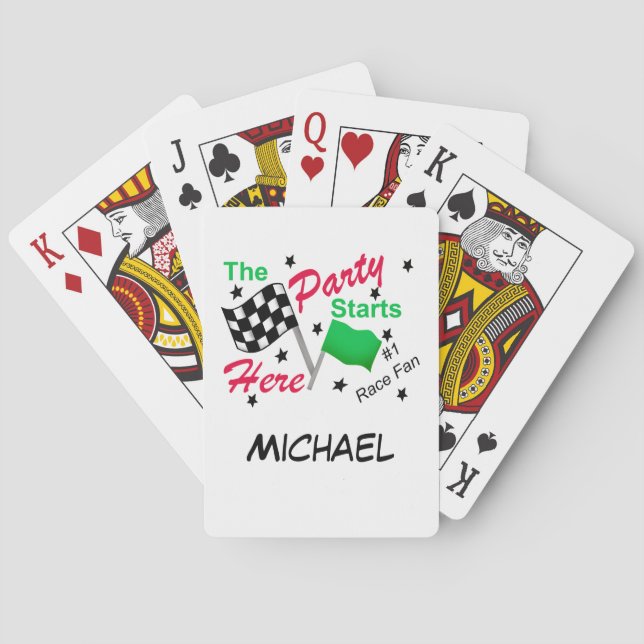 Race Party Starts Name Personalised Chequered Flag Playing Cards (Back)