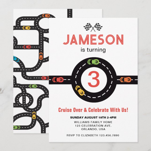 Race Track Boys 3rd Birthday Red Invitation (Front/Back)